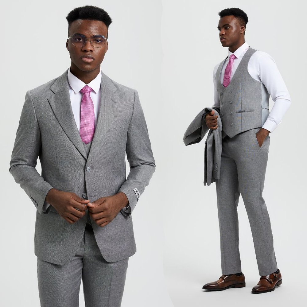 Stacy Adams Sharkskin 3pc Suit w/ Expandable Waistband, Stoned Grey